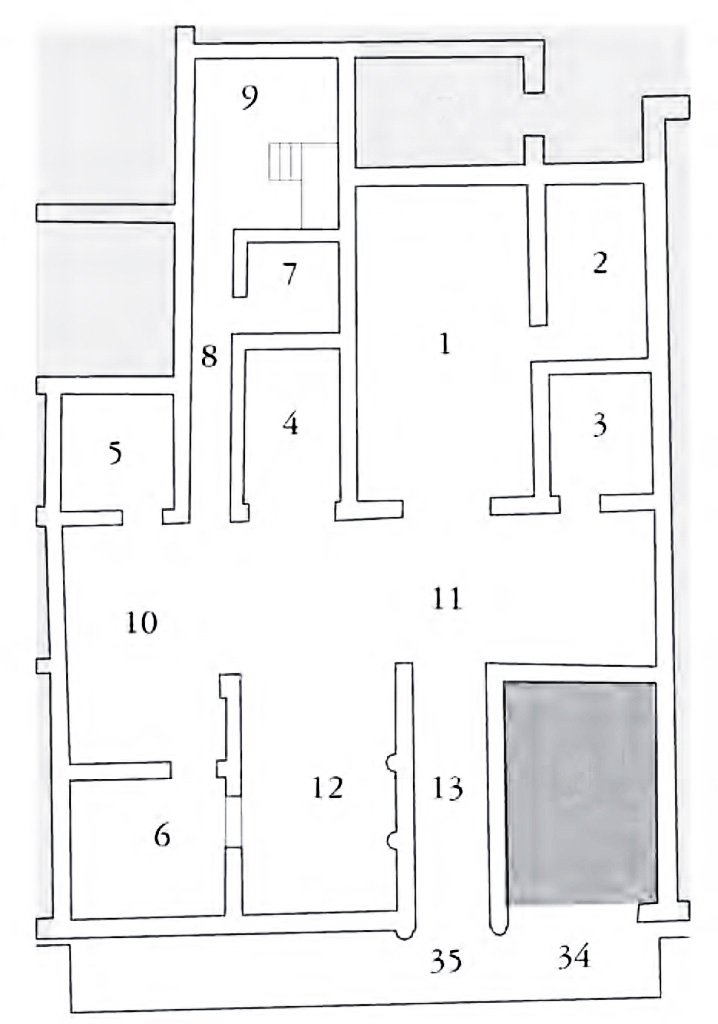Herculaneum V.35. Casa del Gran Portale or House of Large Portal. Plan after Monteix.

See Nicolas Monteix. Les lieux de métier. Boutiques et ateliers d’Herculanum. Ecole française de Rome, 2010, Bibliothèque des Ecoles françaises d’Athènes et de Rome (fasc. 344); Collection du Centre Jean-Bérard (34), p. 400.